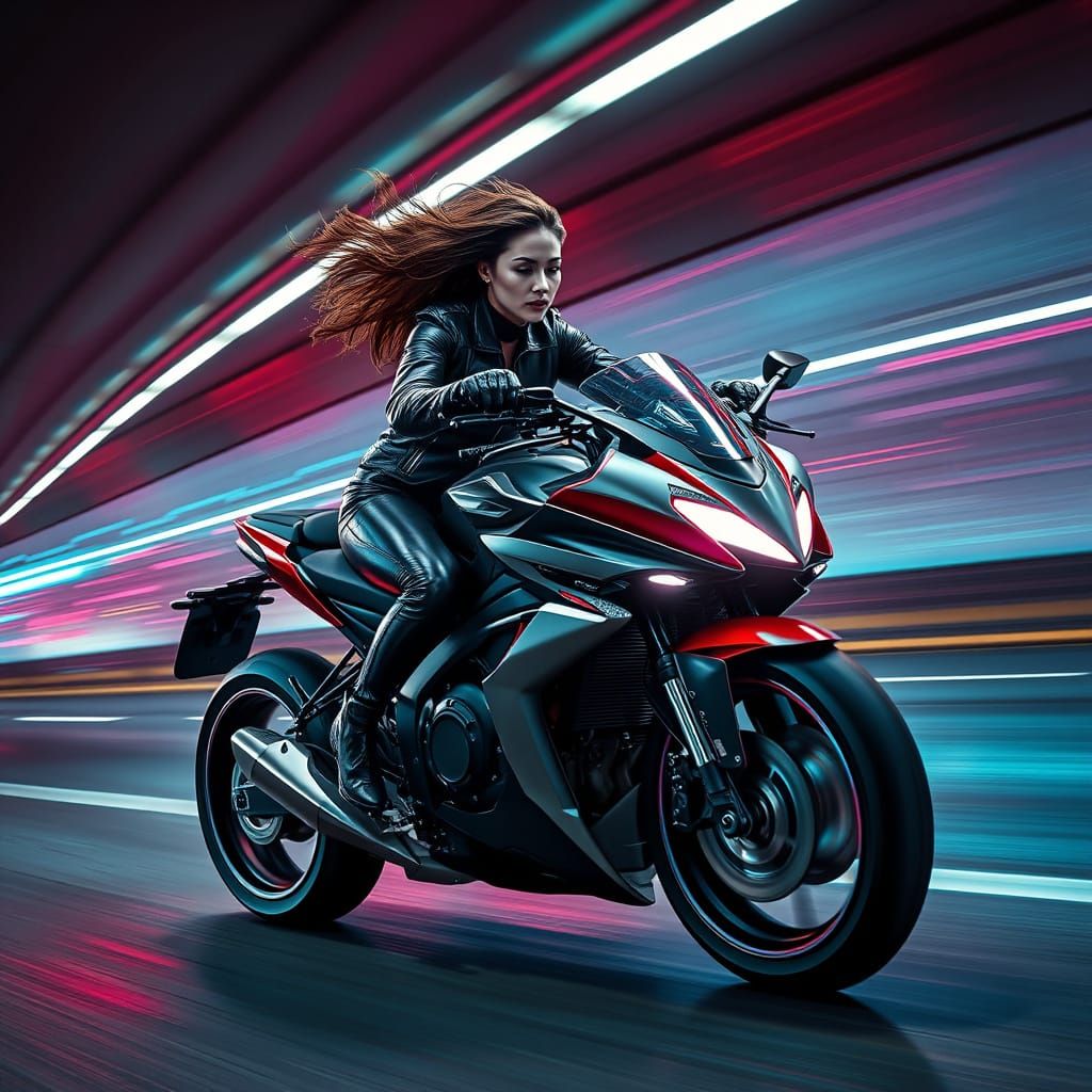 Sleek Woman Drives Futuristic Motorbike Through Neon-Lit Tun...