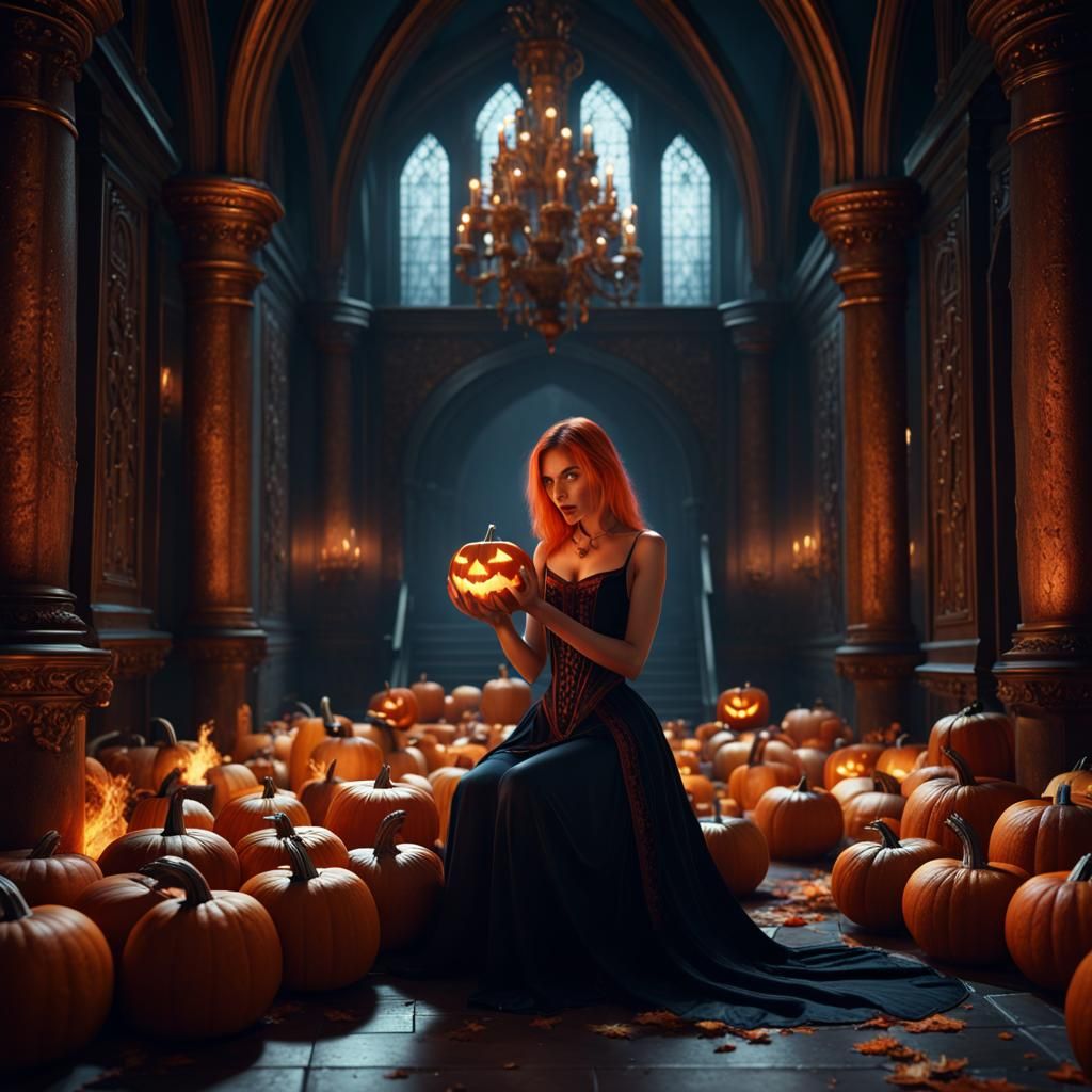 Woman Carving Pumpkins in Dark Castle Hall