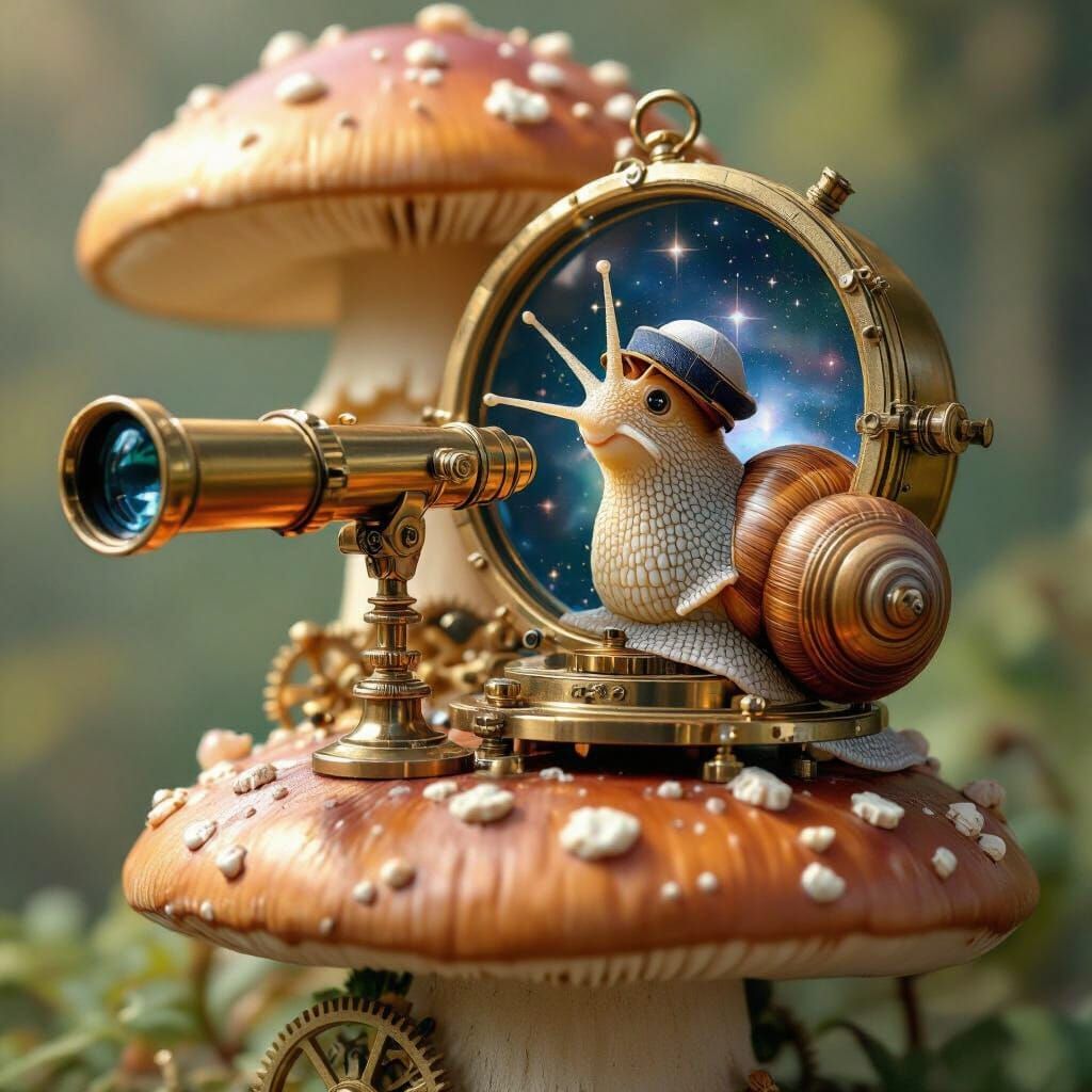 Snail Astronomer in Steampunk Mushroom Observatory