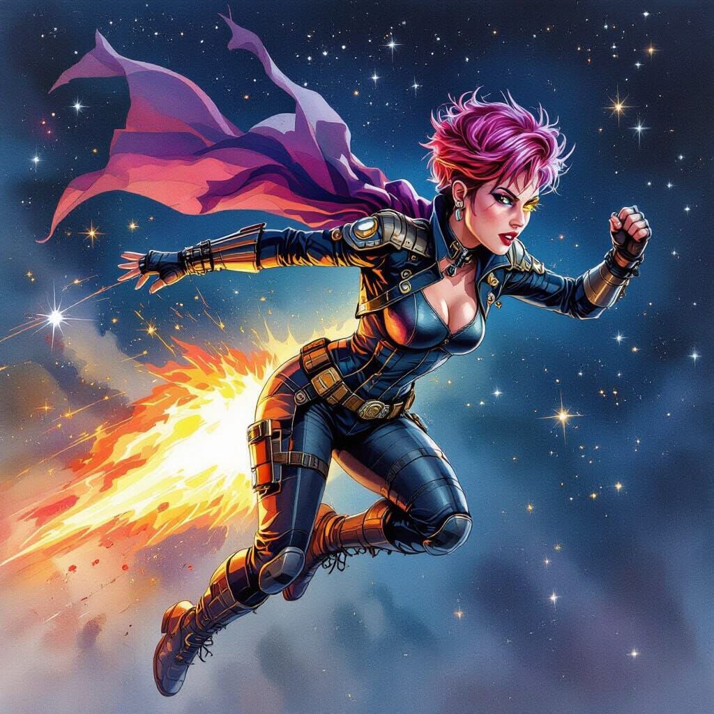 Heroic Woman Flies Through Starry Night in Watercolor Style