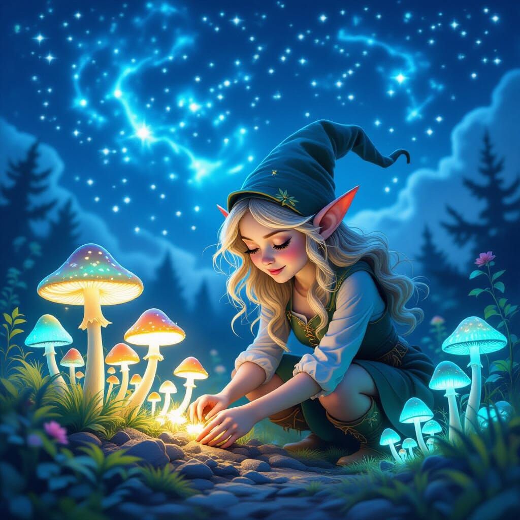 Whimsical Elf Tends Bioluminescent Mushroom Garden