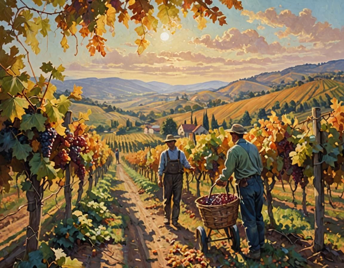 Harvesting Grapes: An Impressionist Autumn Vineyard