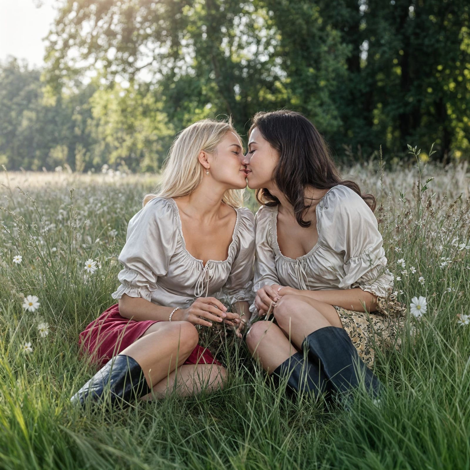Women Kissing in Meadow: Silk Blouses and Boots