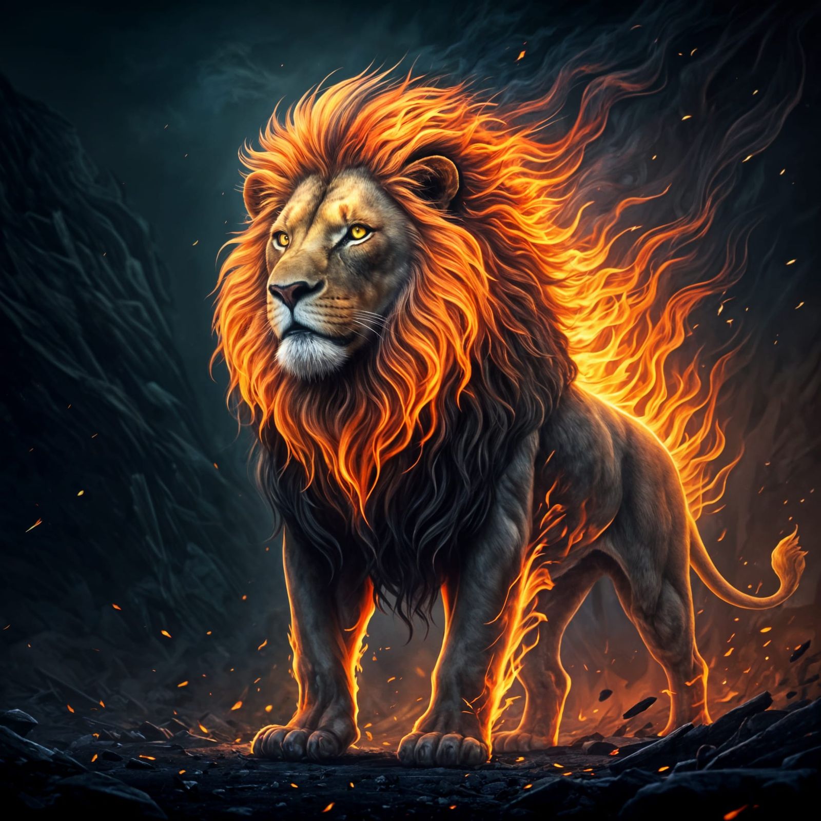 Majestic Fire Lion in Hyperrealistic Style