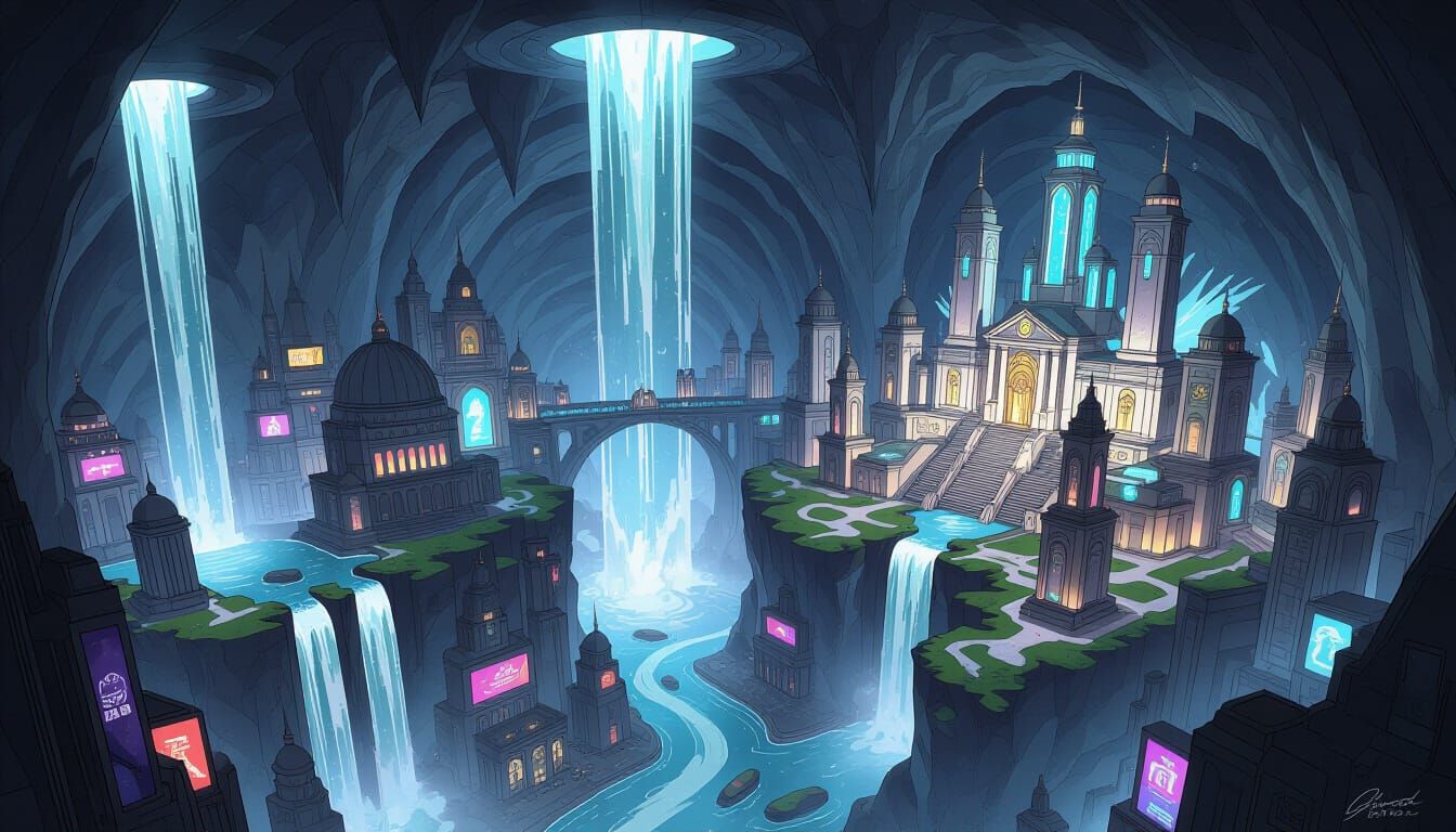 Massive Cavern Above Fantasy Cityscape in Semi-Anime Style