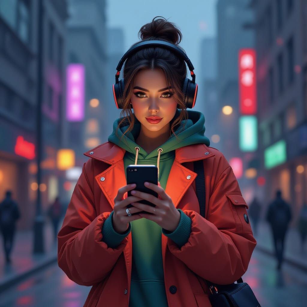 Person with iPhone in Cityscape with Digital Painting Style