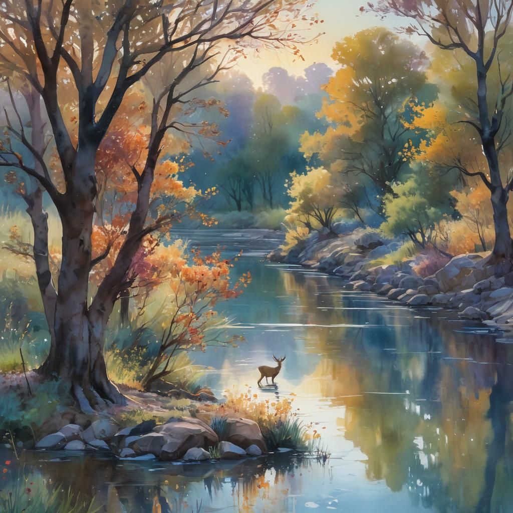 Orchard River Scene as Ink Splash Art