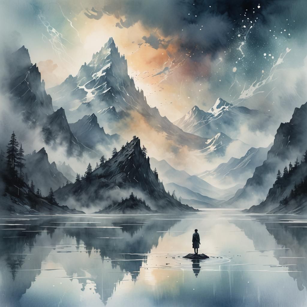Ethereal Lake Figure in Silver-Lit Landscape