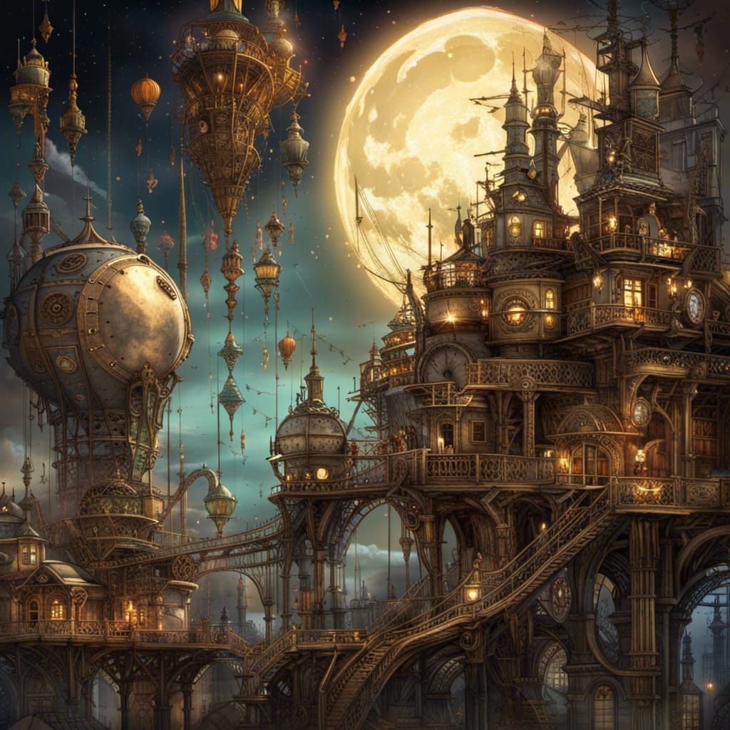 Steampunk Moon Village in a Clockwork Time Machine