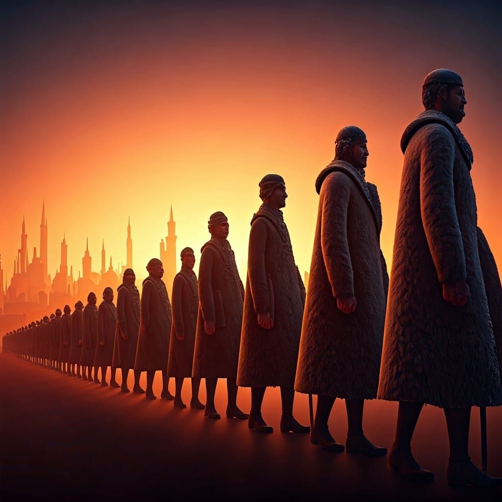 Silhouetted Procession in Sunset Cityscape, Digital Art