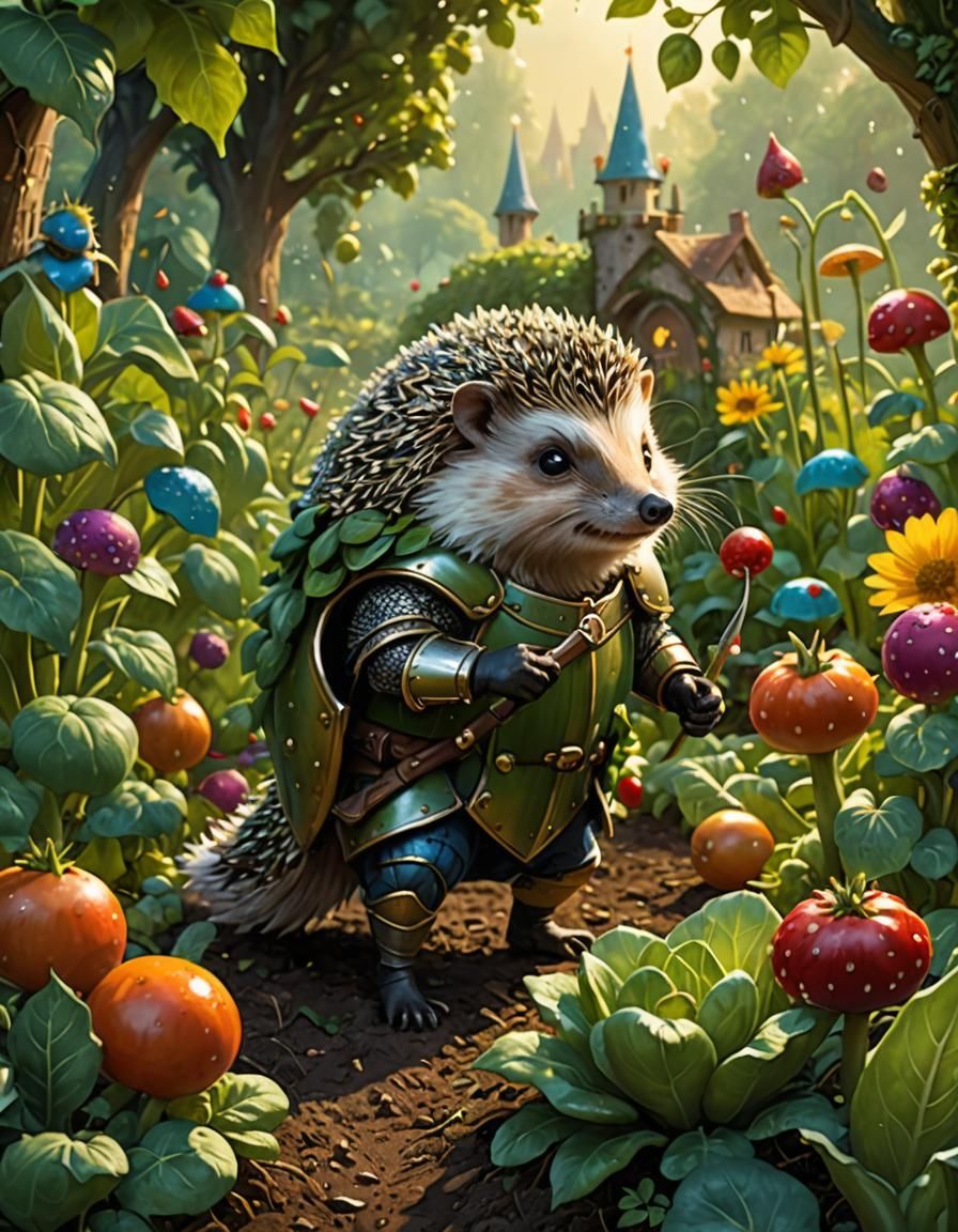 Hedgehog Knight Defends Garden: Whimsical Concept Art