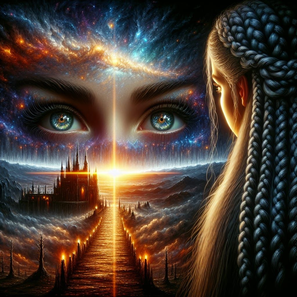 Hyperrealistic Woman's Eyes in Abyss with Castle