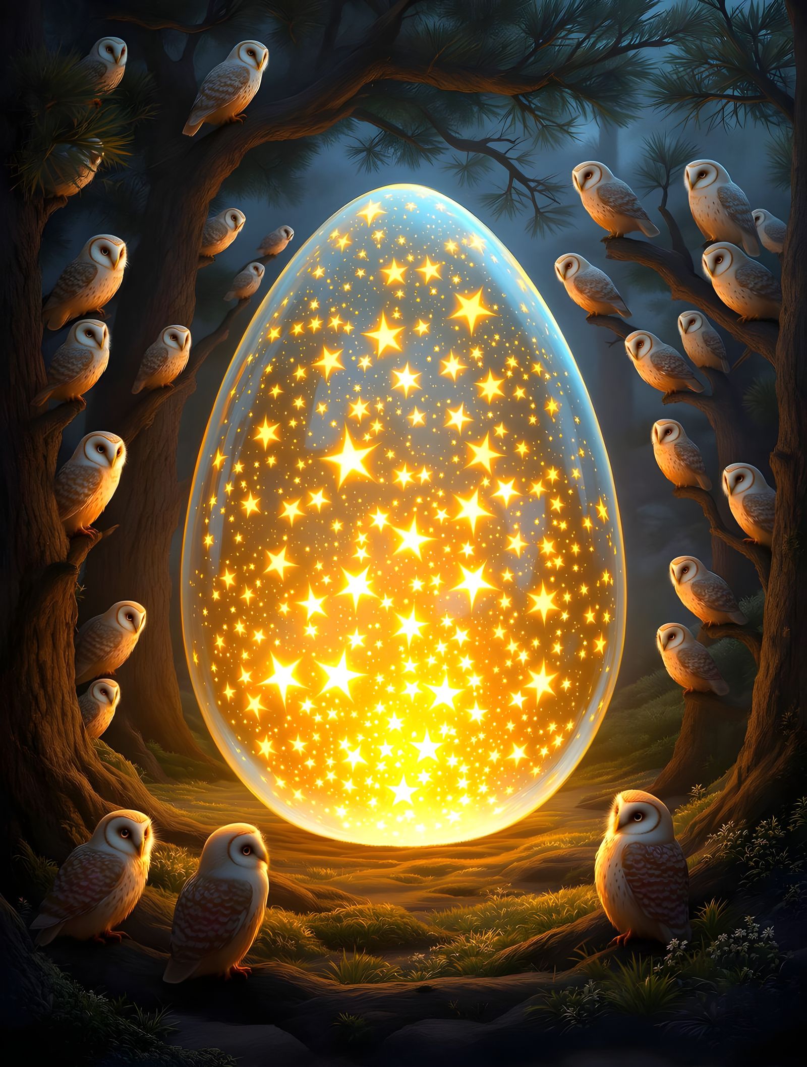 Owls Guarding Glowing Egg in Detailed Night Scene