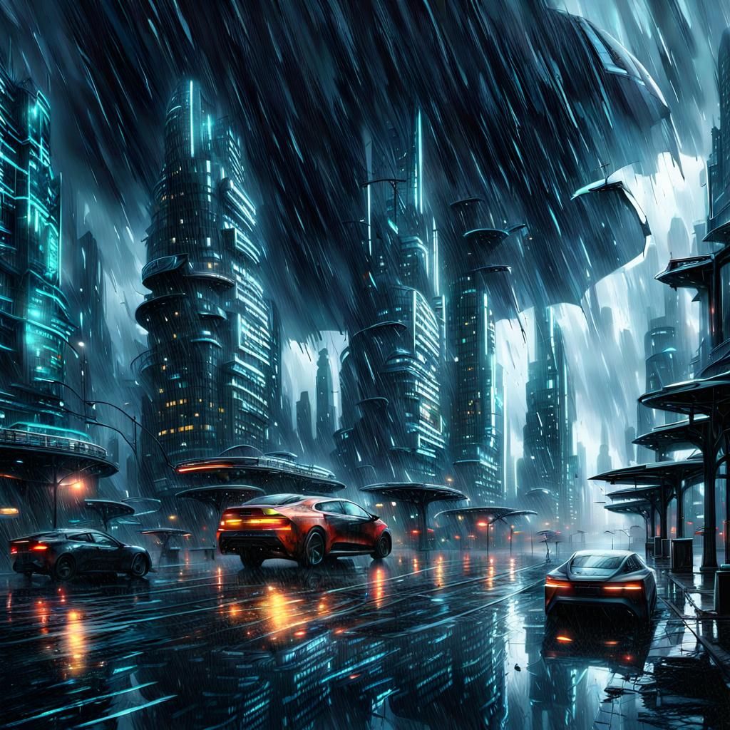 Futuristic City in Heavy Rainstorm