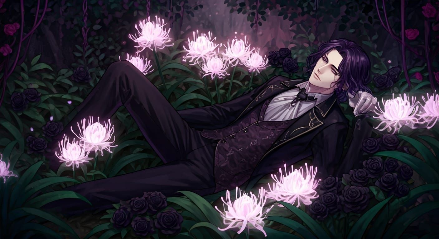 Dark-Haired Man in Mystical Garden with Spider Lilies