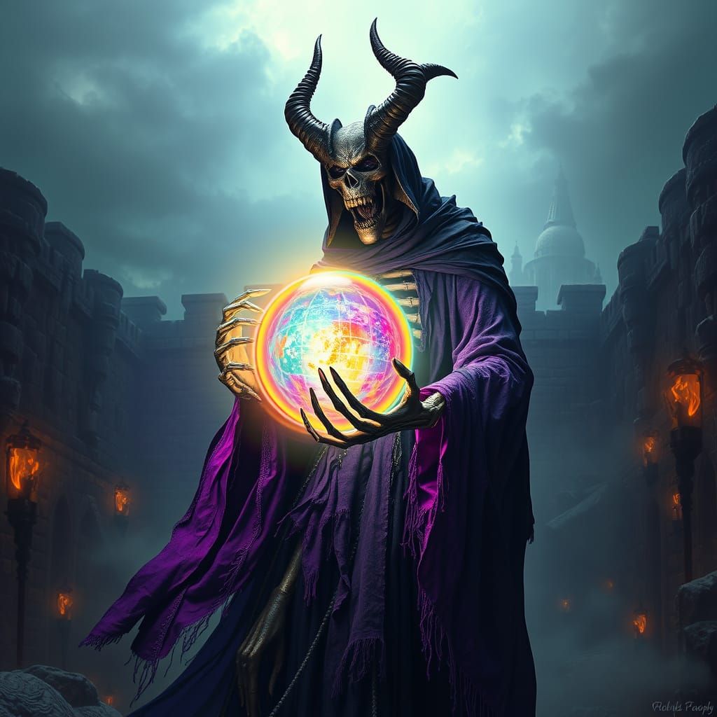 Dark Fantasy Demon Skeleton Guard with Magical Rainbow Orb