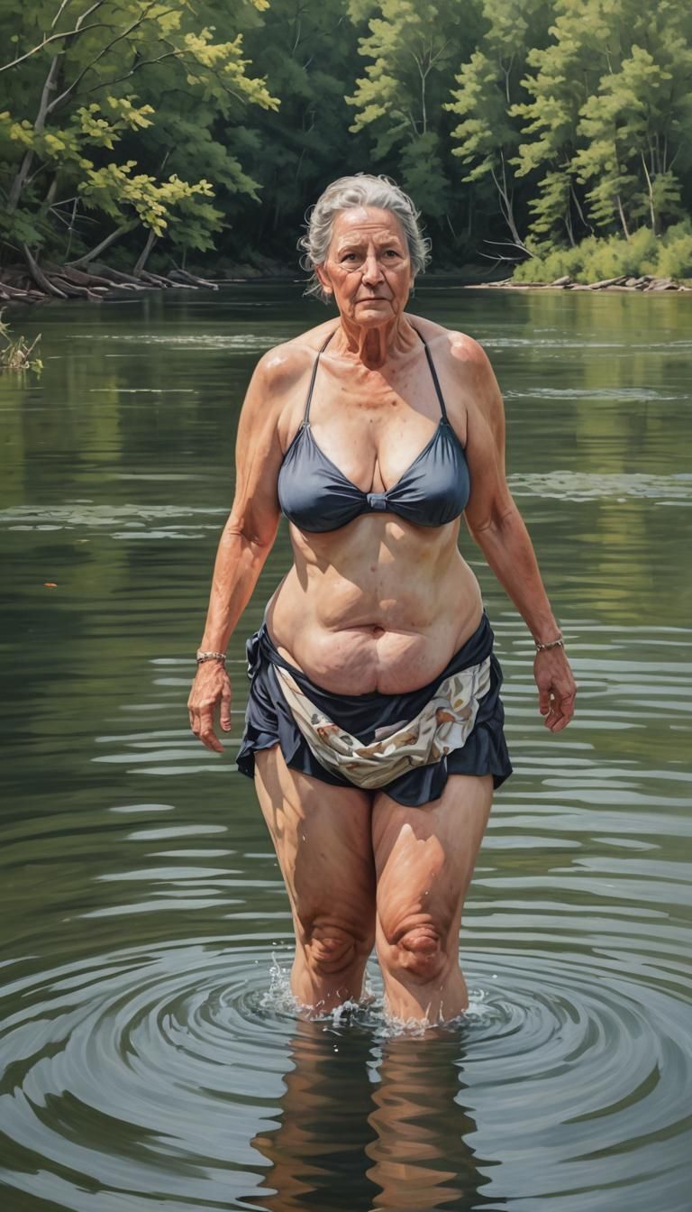 beautiful mature bbw skinny dipping in lake, full body, fron...