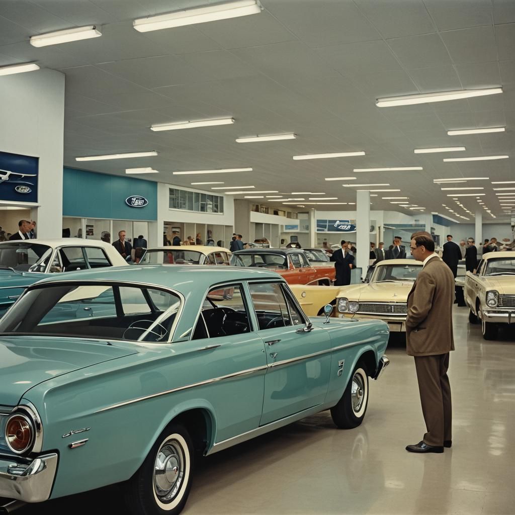 Man Admiring Car at Ford Dealership in Abstract Art