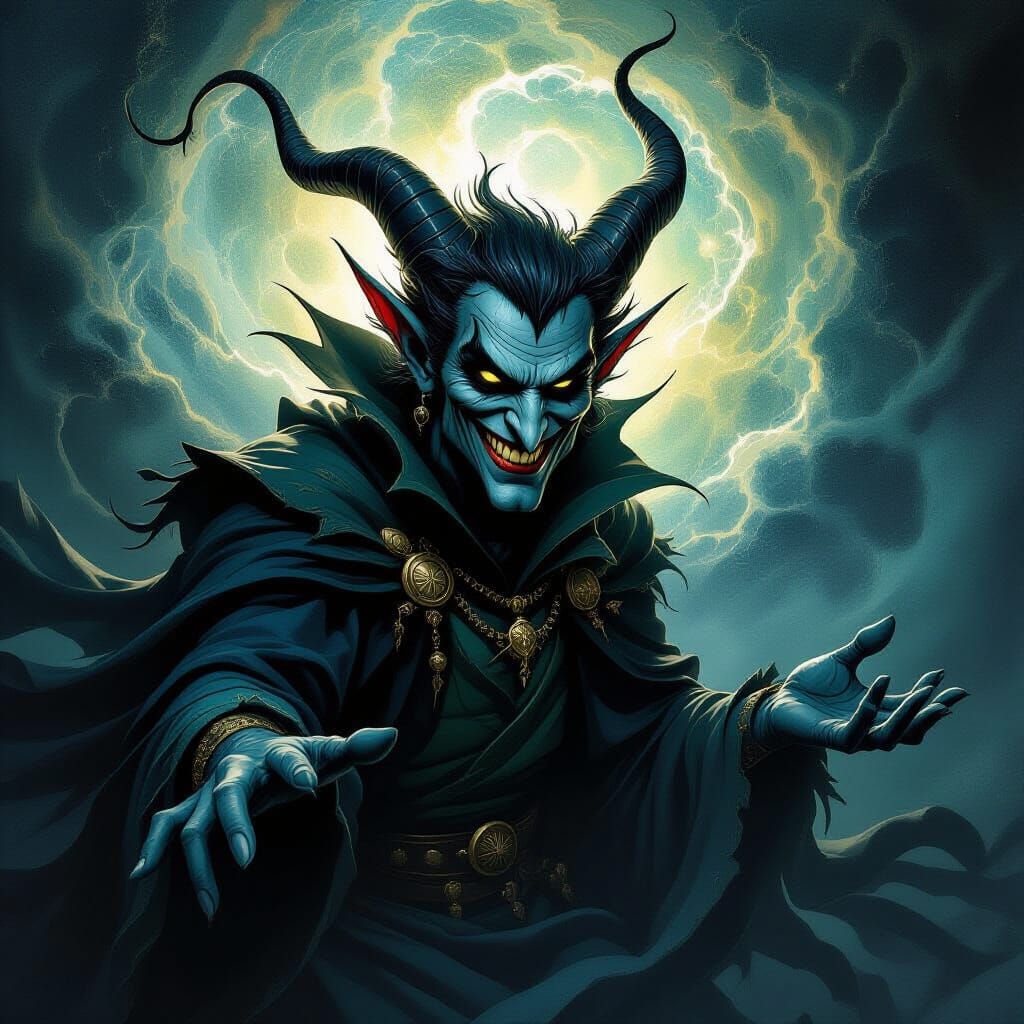 Mythic Trickster Figure with Cosmic Energy, Realistic Style