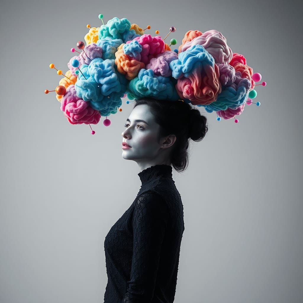 Woman with Thought Clouds in Clockpunk Style