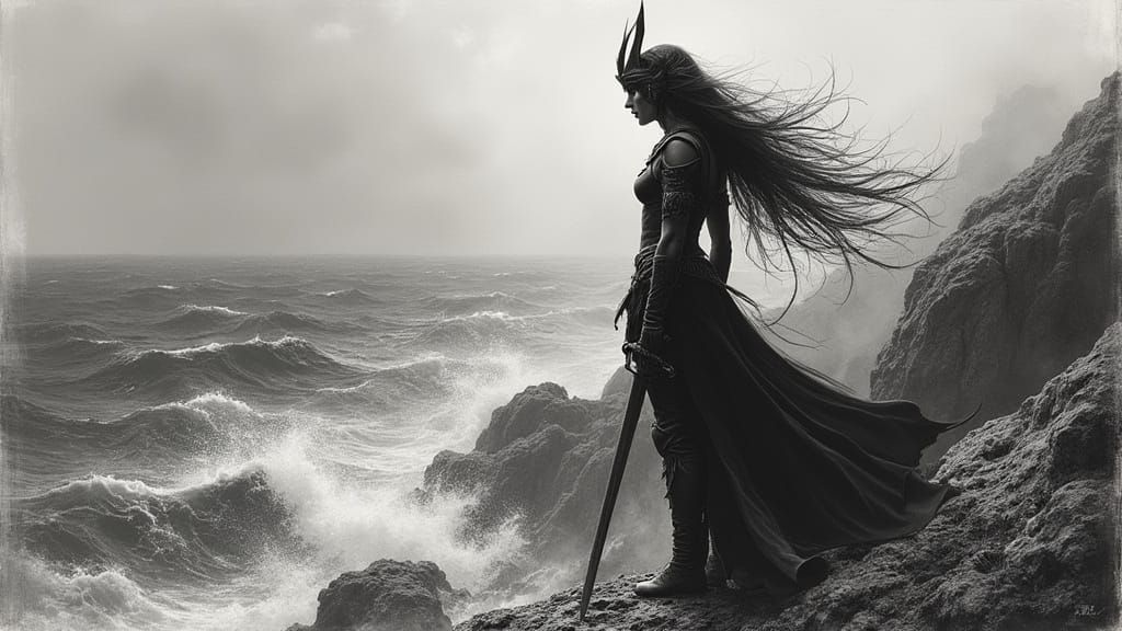 Expressive charcoal sketch. A valkyrie with flowing hair stands on a cliff overlooking a stormy sea. She wears a winged ...