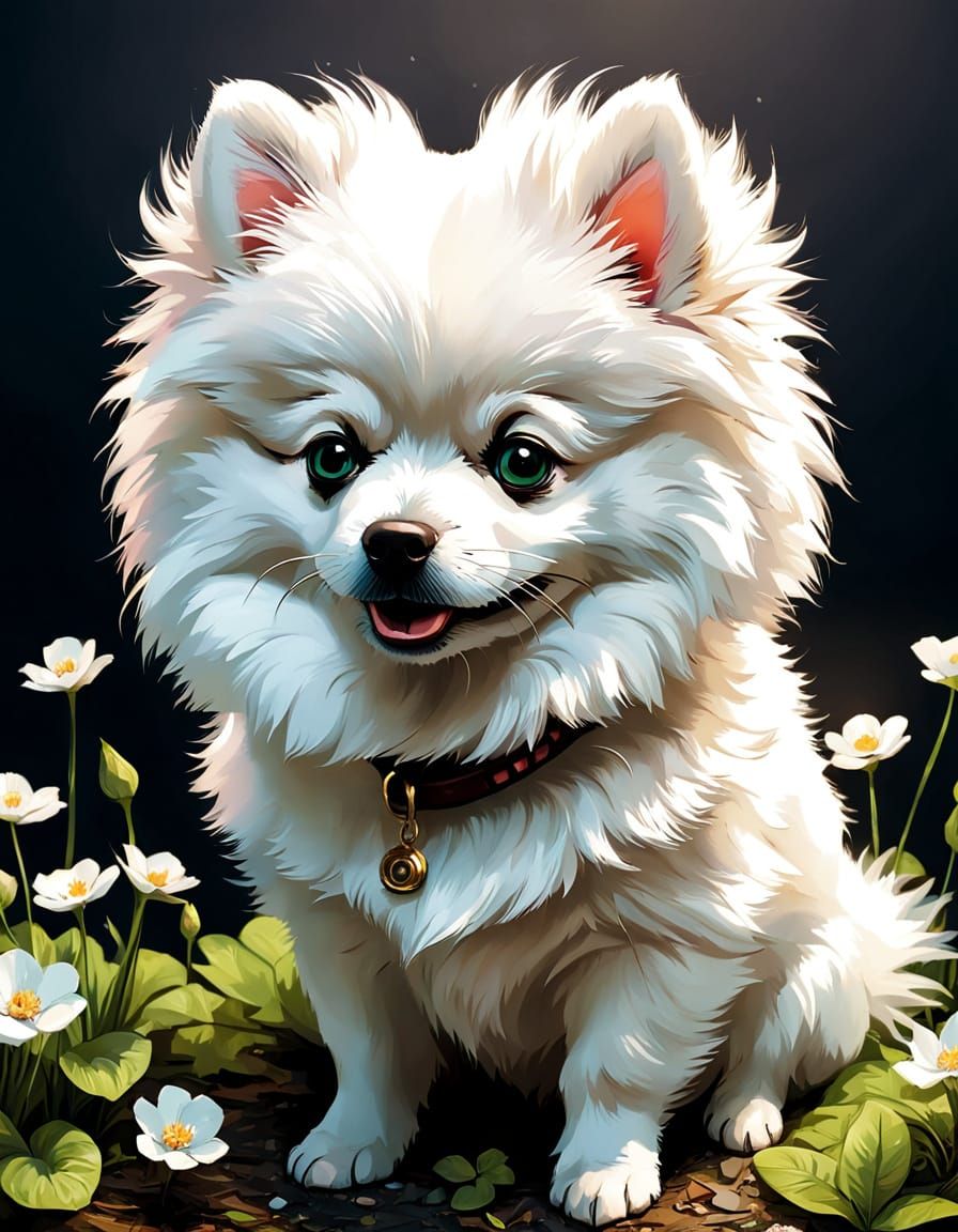 Charming White Pomeranian in Vibrant Floral Spring Attire