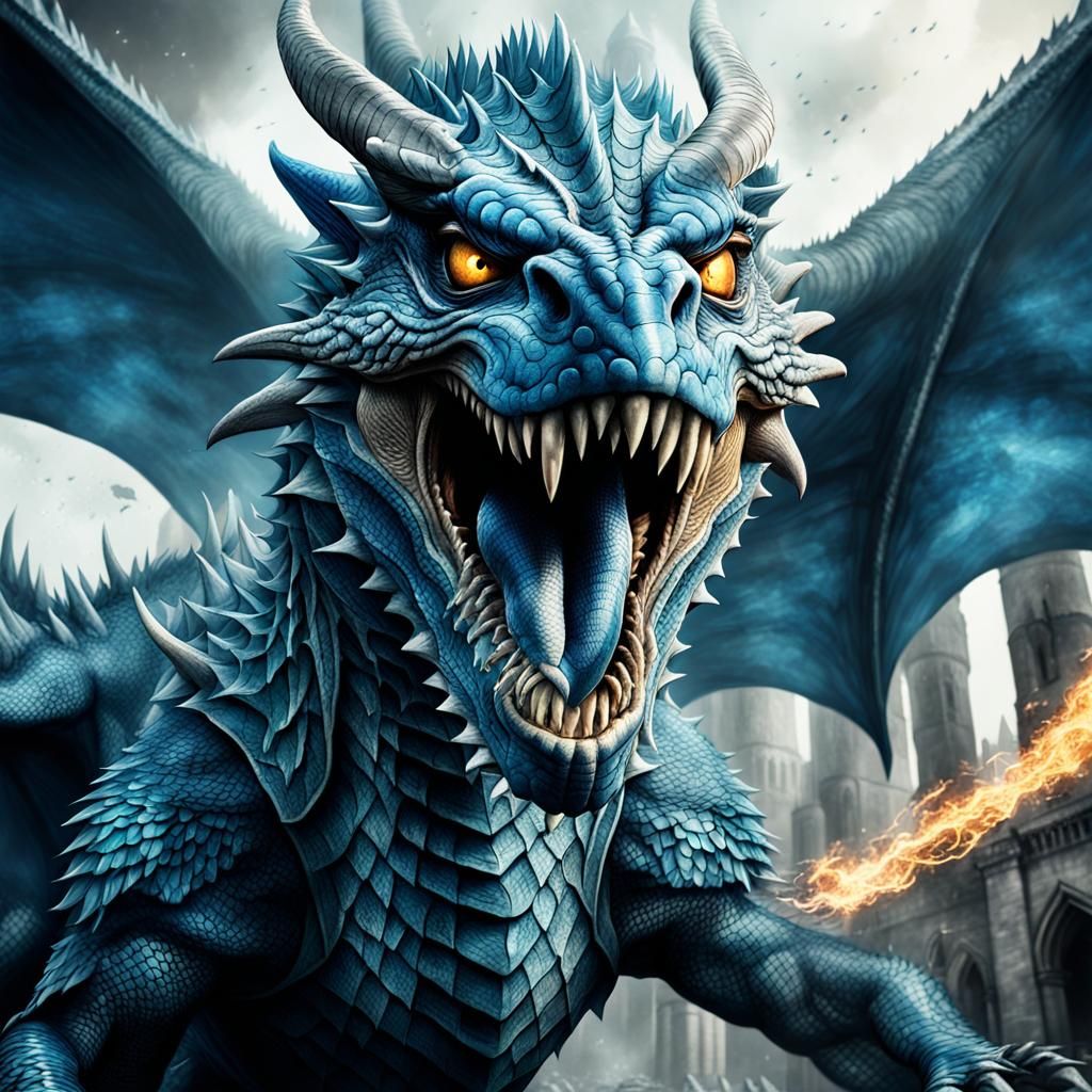 Blue Battle Dragon Close-up in Game of Thrones Style