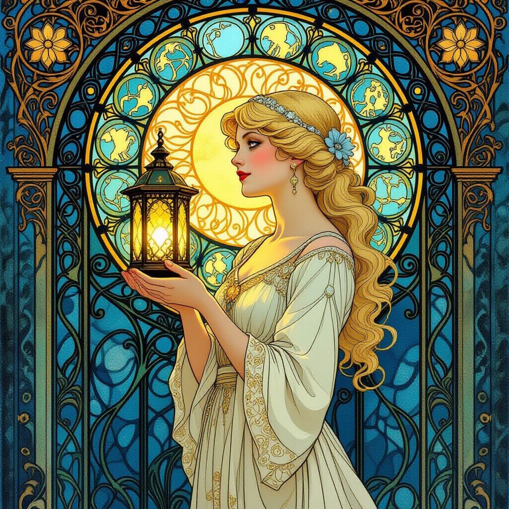 Art Nouveau Portrait of a Noblewoman With Sun Lantern
