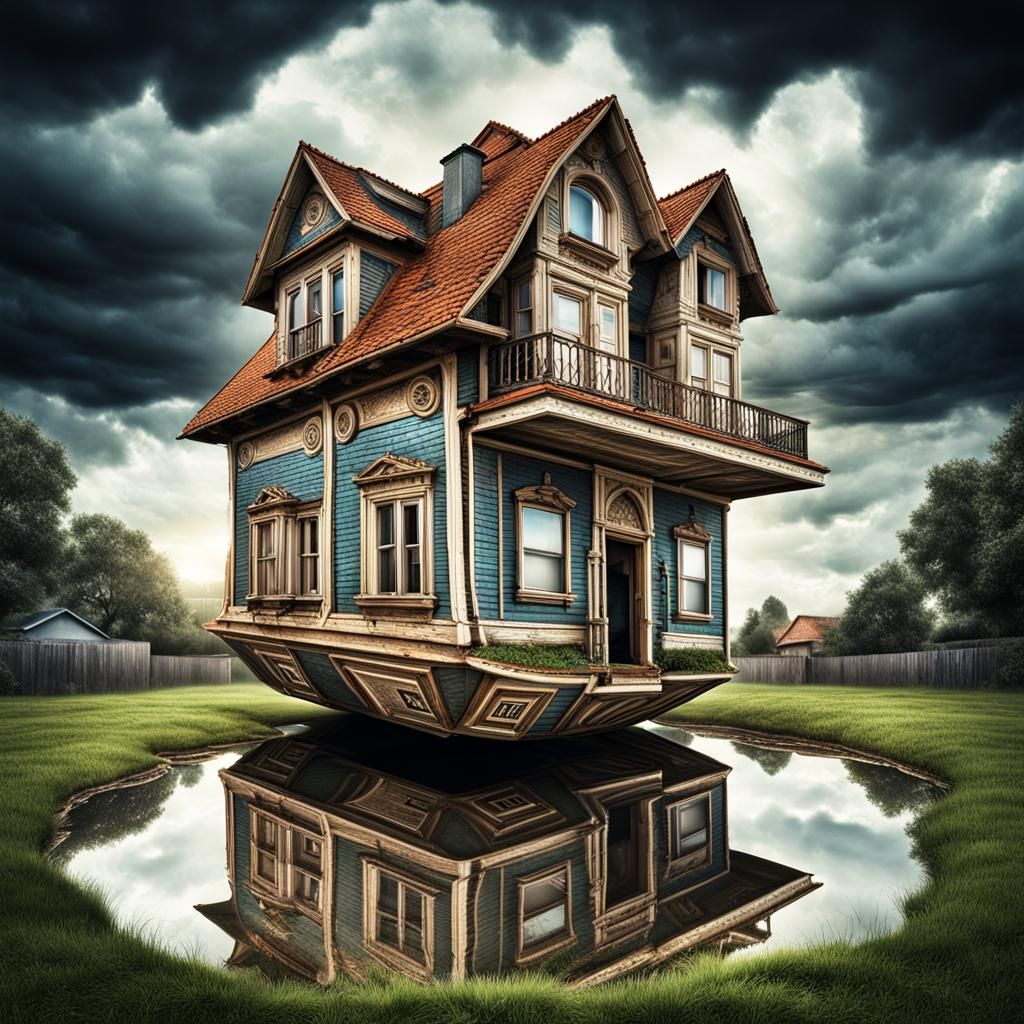 Upside-Down Floating House in Hyperrealistic Style