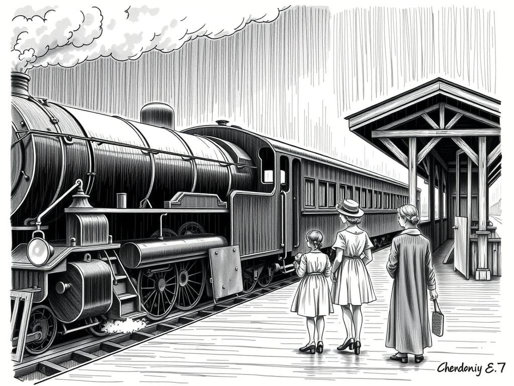 Early 1900s Train Arrival Ink Drawing