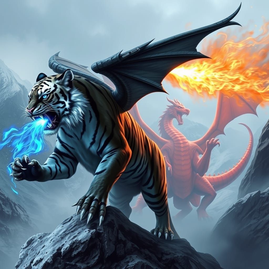 Winged Tiger and Dragon in Icy Landscape