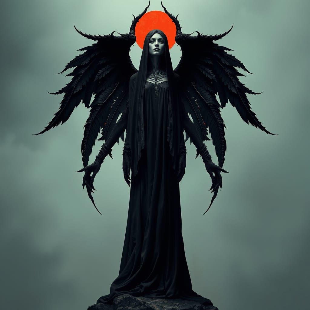 Gothic Angel of Death in Vibrant Red Hair