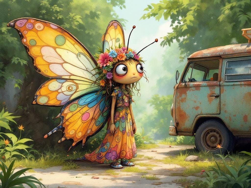 Hippie Butterfly and Van in Studio Ghibli Style
