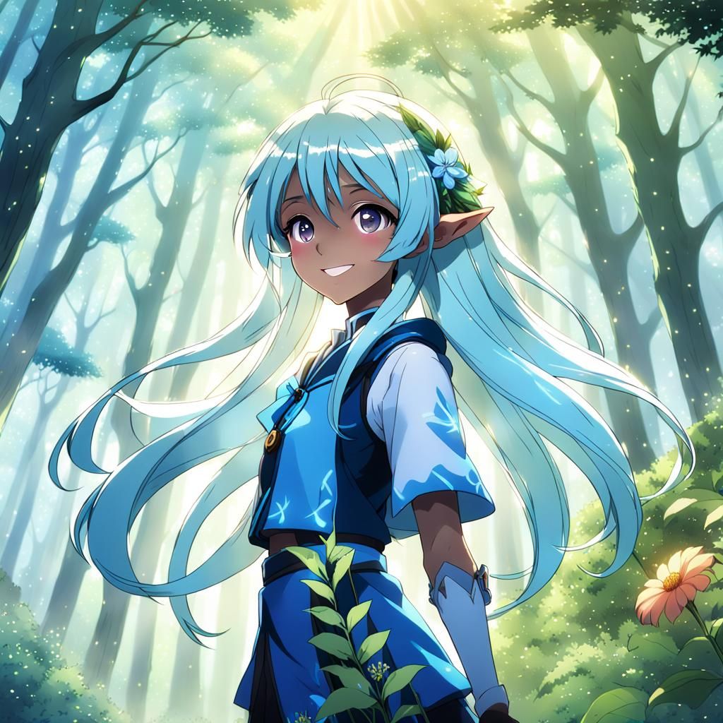 Joyful Semi-Dark Elf Girl in Anime Style