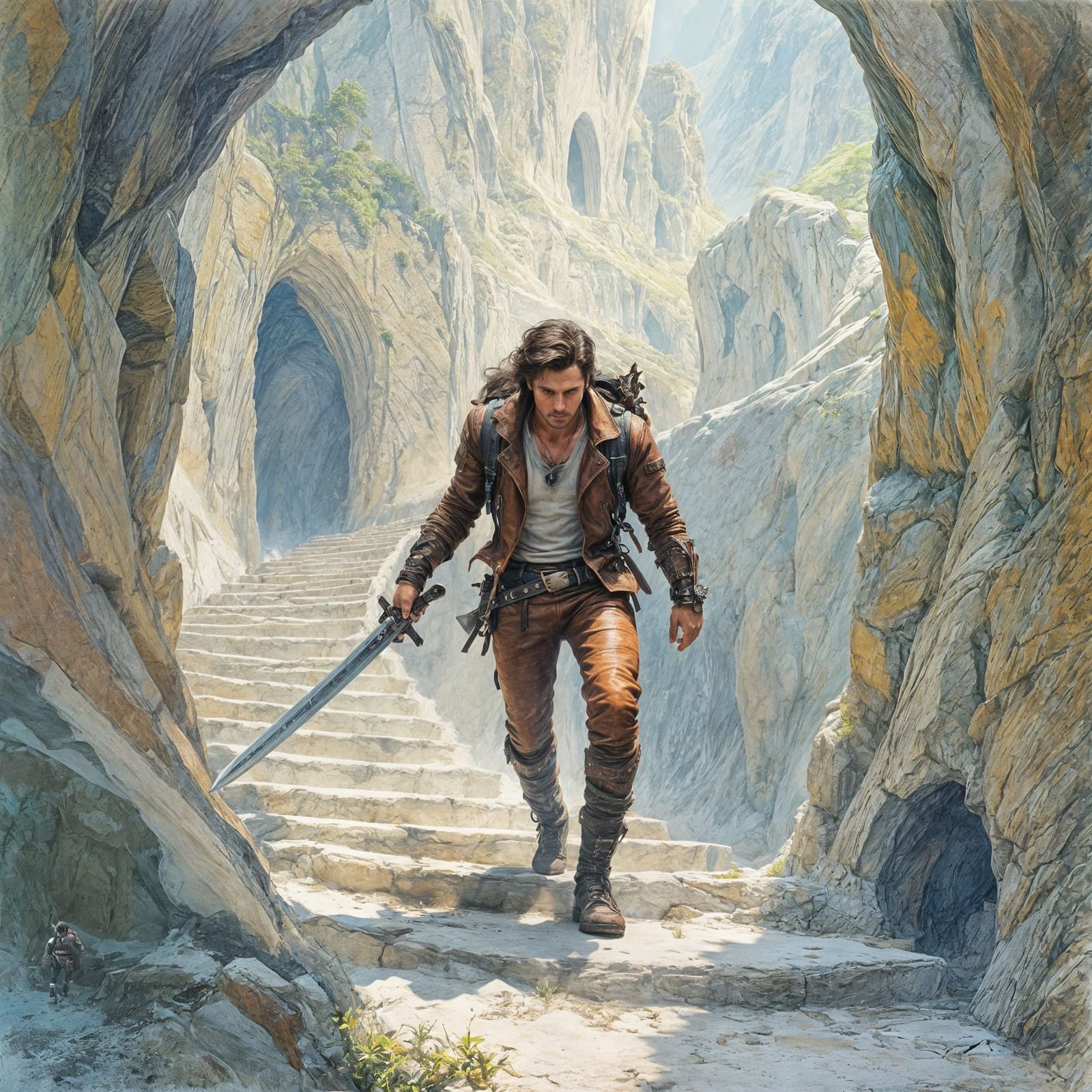 Adventurer Descends into Abyss: Pastel Fantasy Illustration