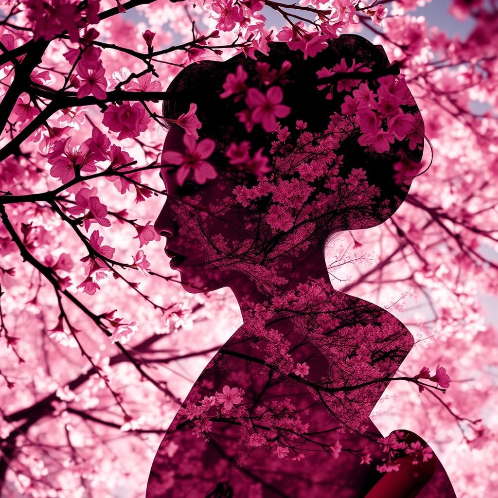 Geisha Silhouette Amidst Sakura Blooming