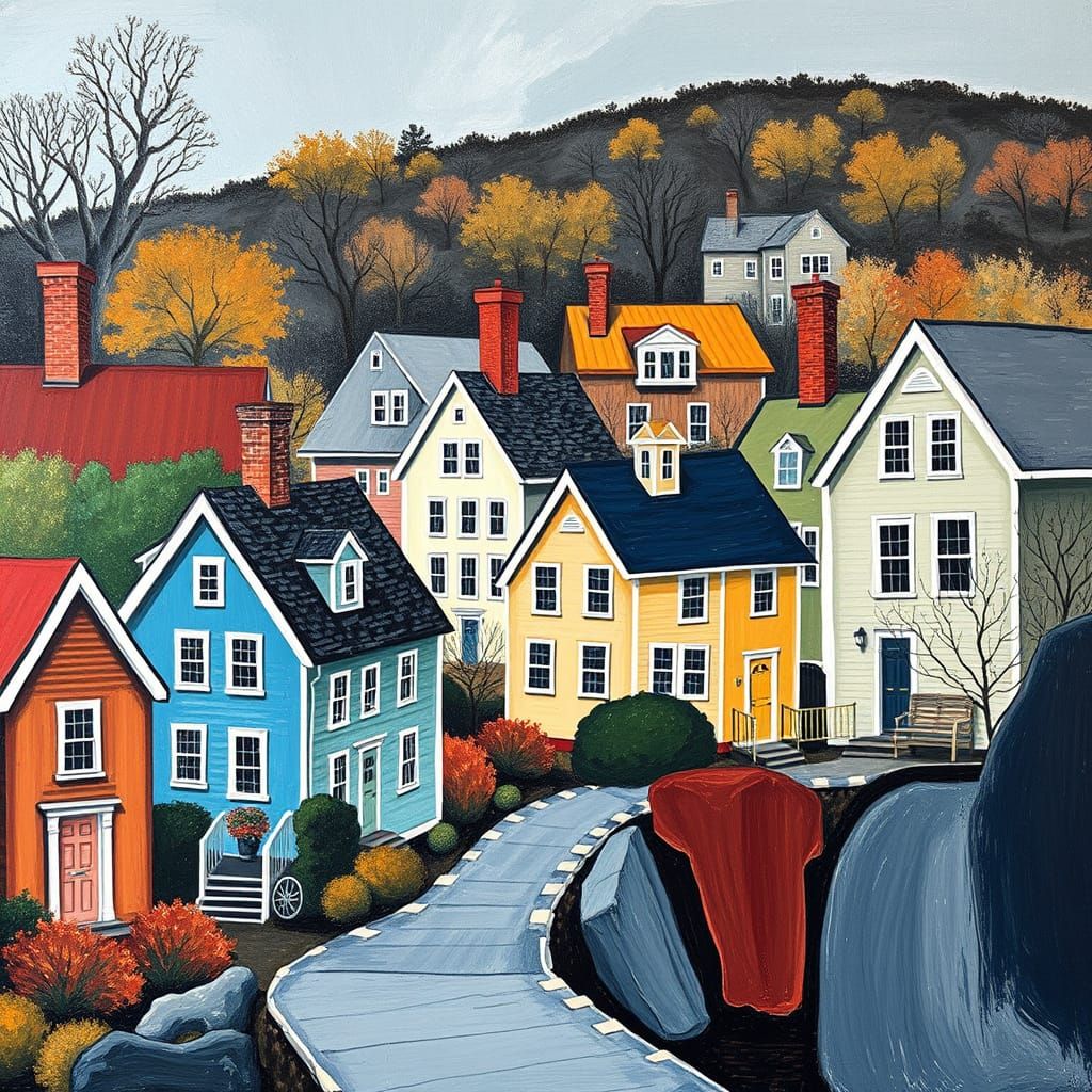Whimsical New England Townscape in Vibrant Abstraction