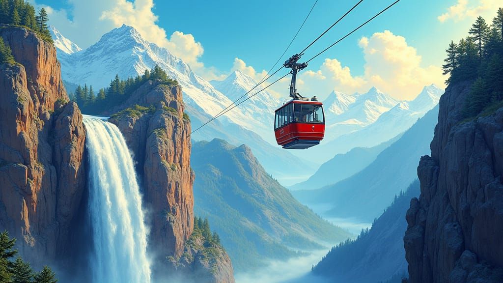 Vintage Swiss Cable Car Over Alpine Waterfall
