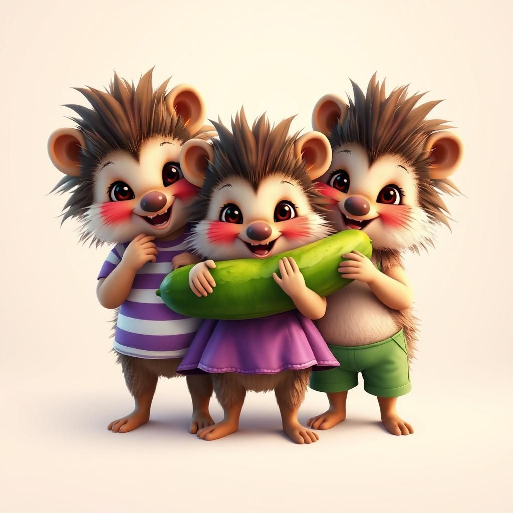 Cartoon Hedgehogs Munching Cucumbers: Playful Scene