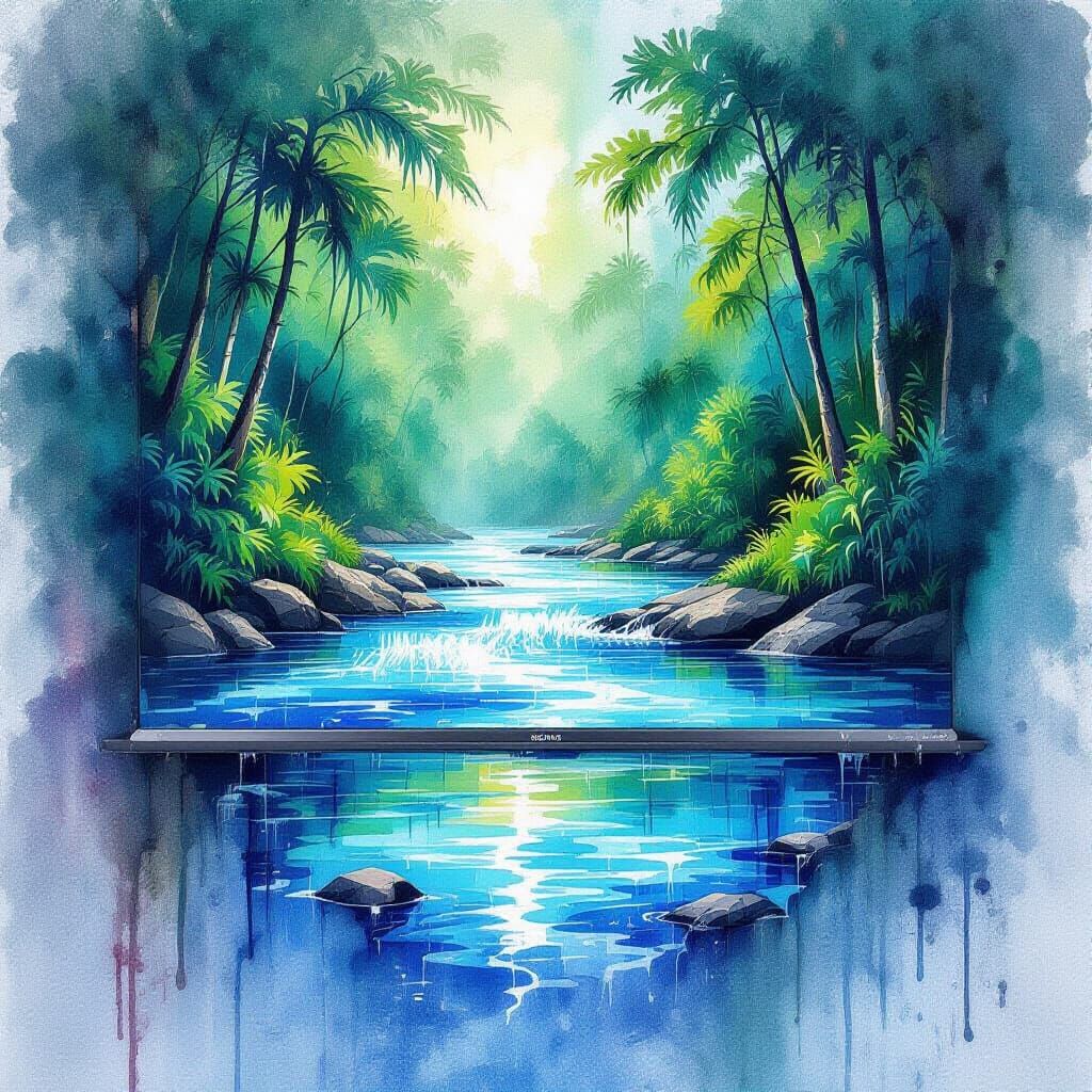 Raging Rapids on Computer Screen in Graffiti Rainforest