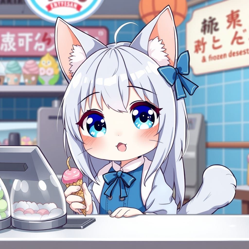 Kawaii Anime Catgirl Ice Cream Shopper in Cartoon Style