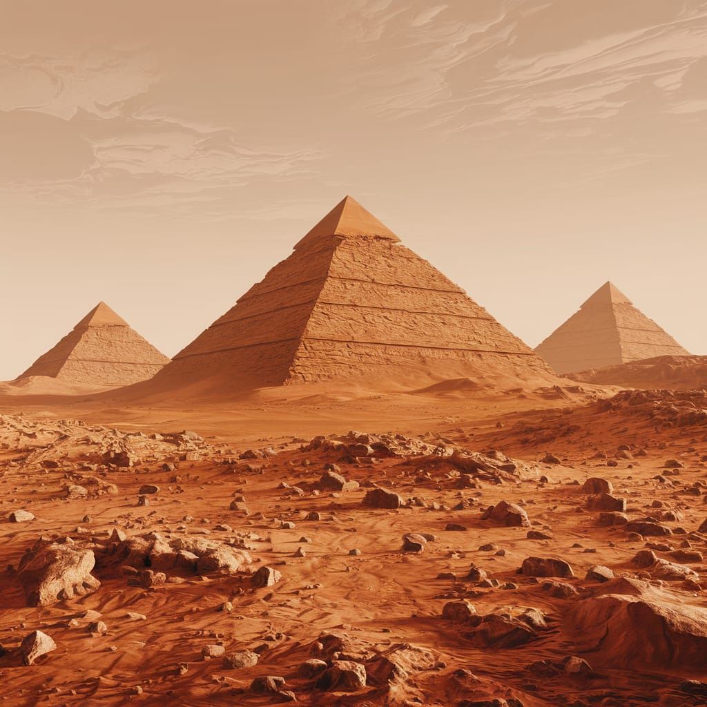 Martian Landscape with Red Rock Pyramids