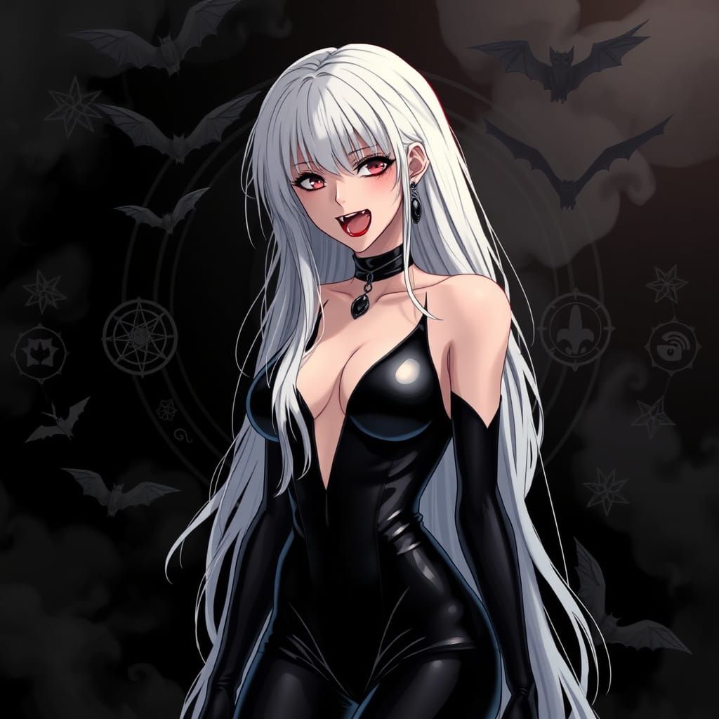 Surreal Anime Vampire Goddess in Black Latex Attire