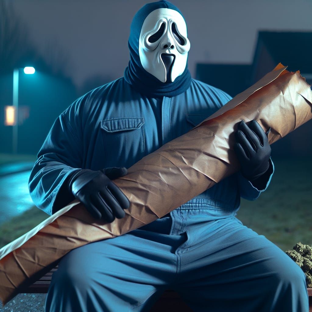 Eerie Masked Figure with Oversized Blunt