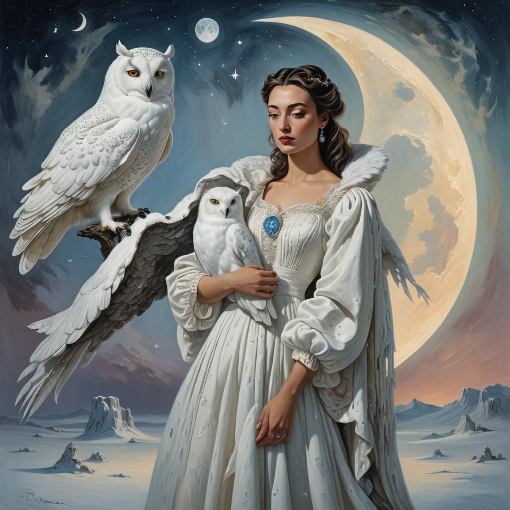 A lovely young lady had The biggest white snow owl in her arms of the world right under write Loes@D in romantic letters