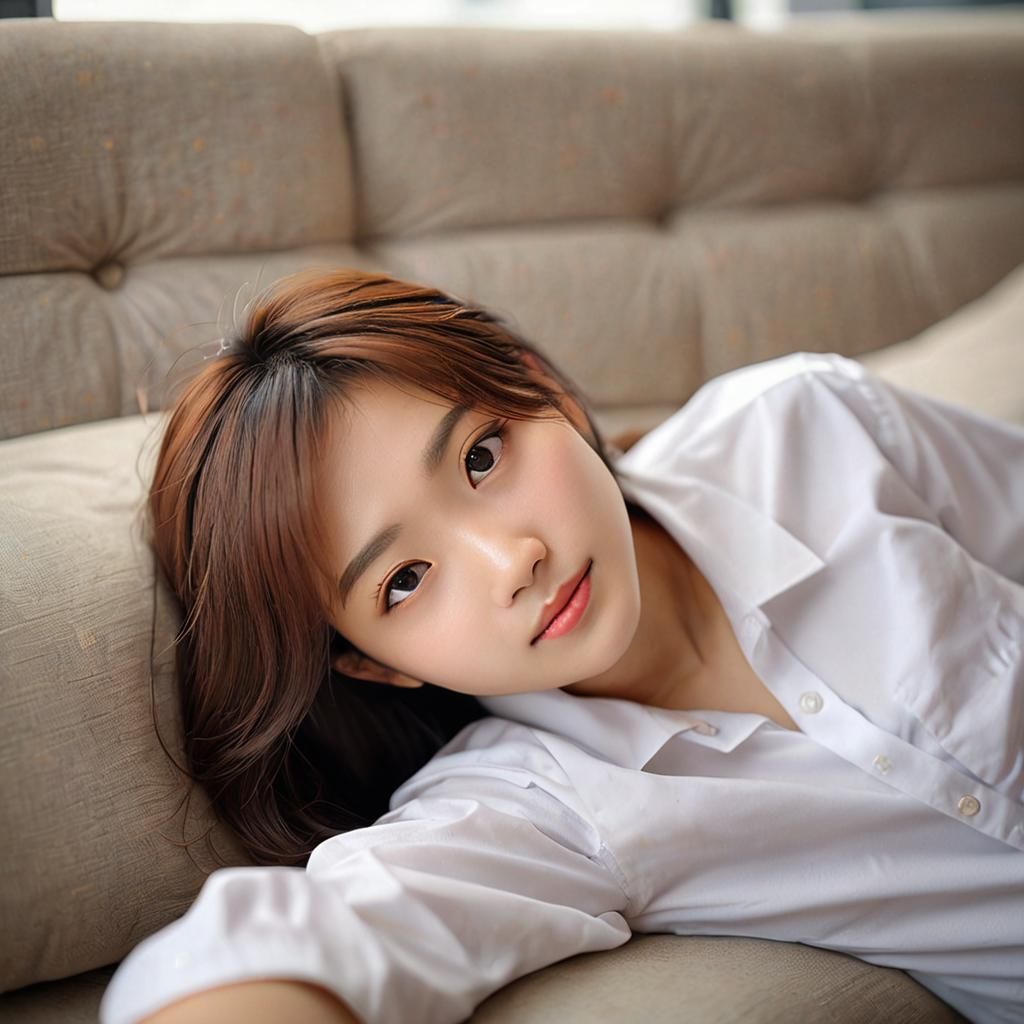 Cute Korean Woman Relaxing on Sofa: Close-up Portrait