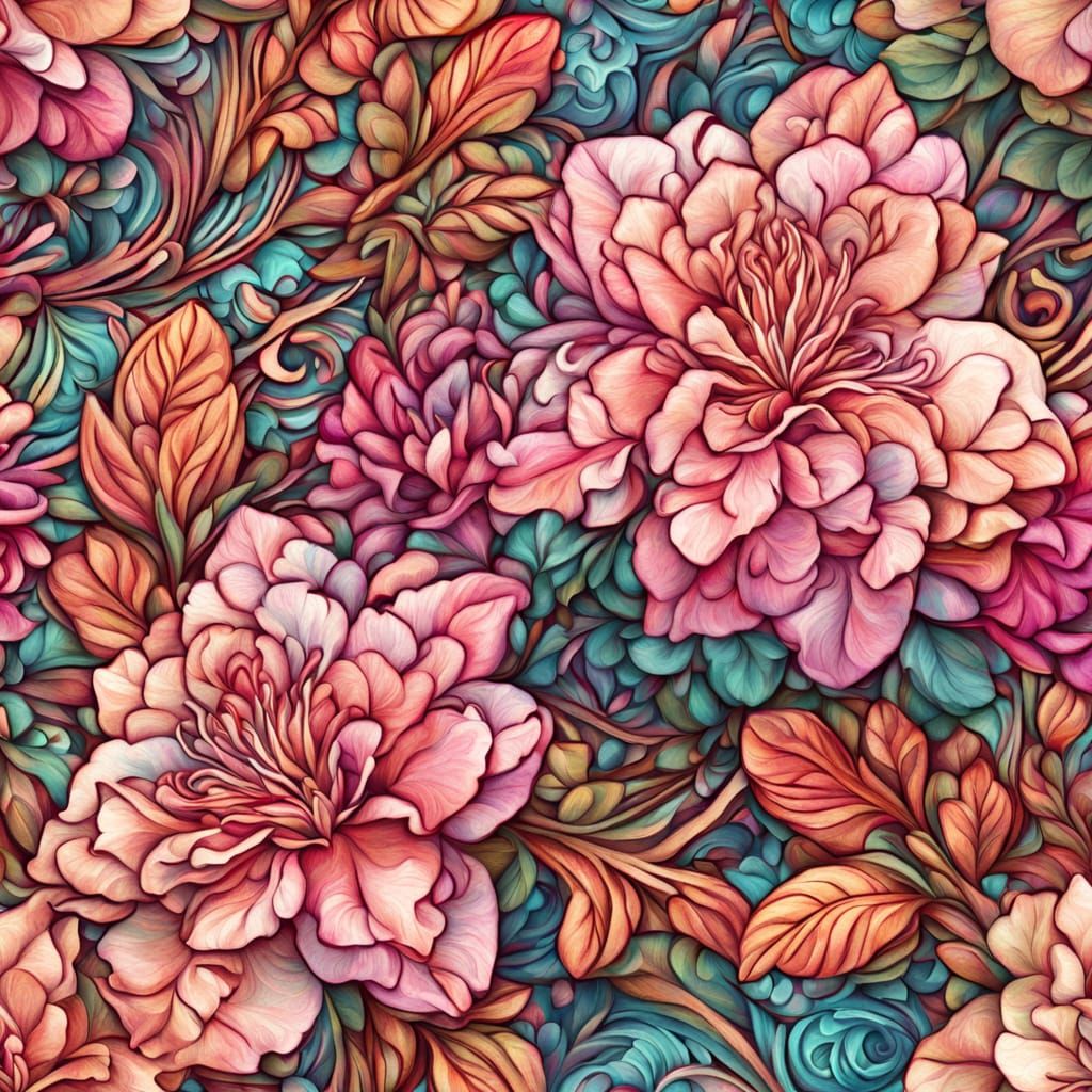 Azalea Roses in Tribal Pattern: Digital Floral Art