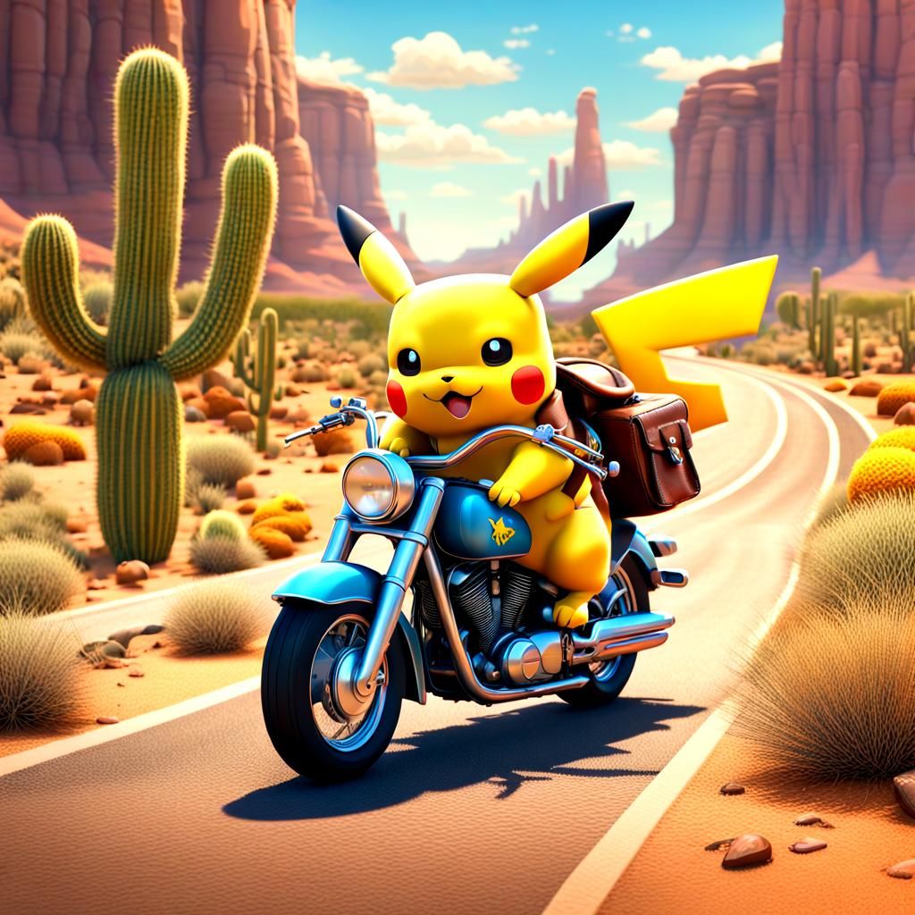 Pikachu Rides Motorcycle on Route 66: 3D Digital Art