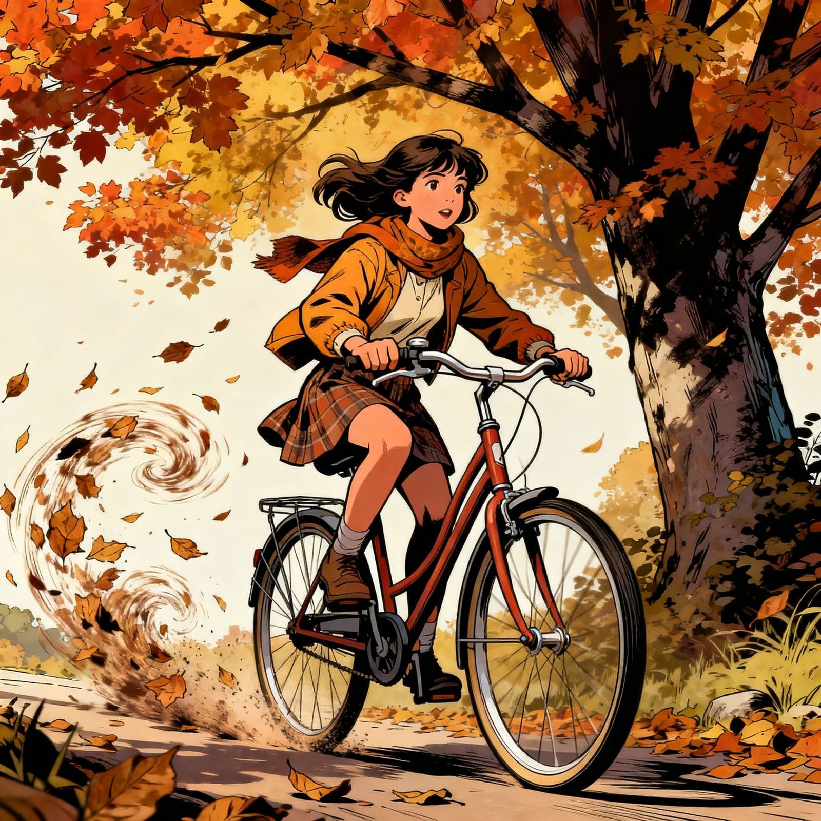Young Italian Girl Cycles Through Autumn Leaves Comic Art