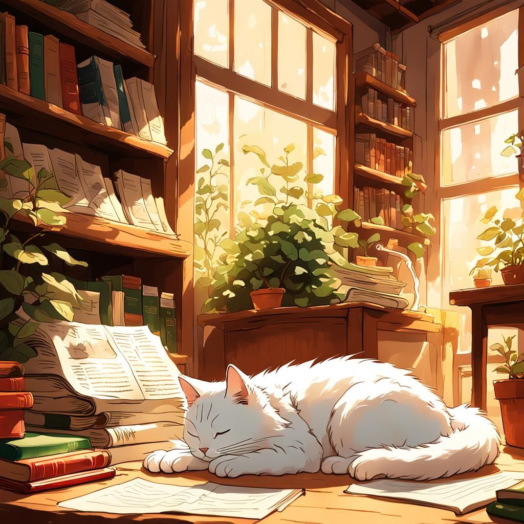 Cozy Cat Nap in Studio Ghibli Style Room